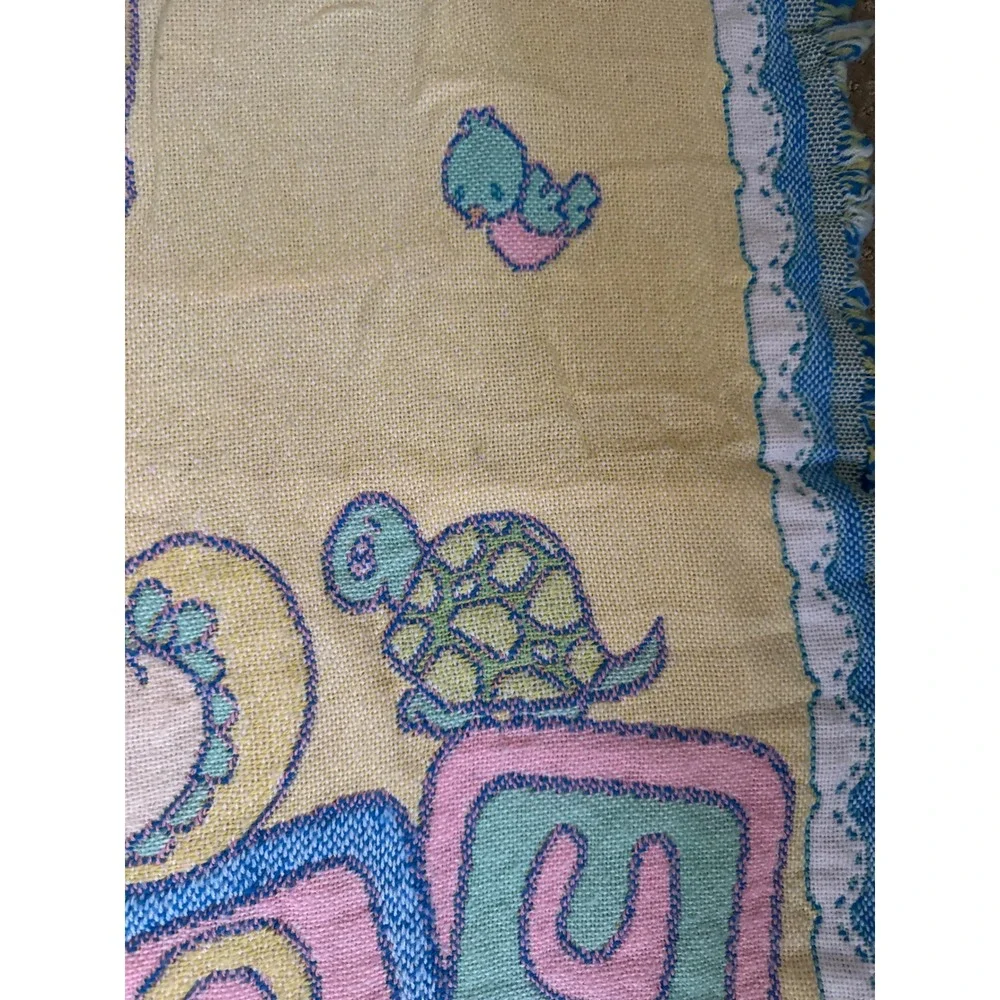 Vintage Precious Moments Baby Blanket Woven Tapestry Reversible Yellow Teal